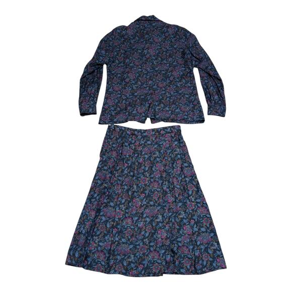 Vintage Pendleton Skirt Suit Set Button Down Floral Jewel Tone Blue Womens 10 - Picture 3 of 5